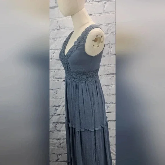 Rebellion Again Ruffled Boho Lace Maxi Dress V-Neck Dark Blue Rayon Y2K Size  XS - Picture 4 of 16